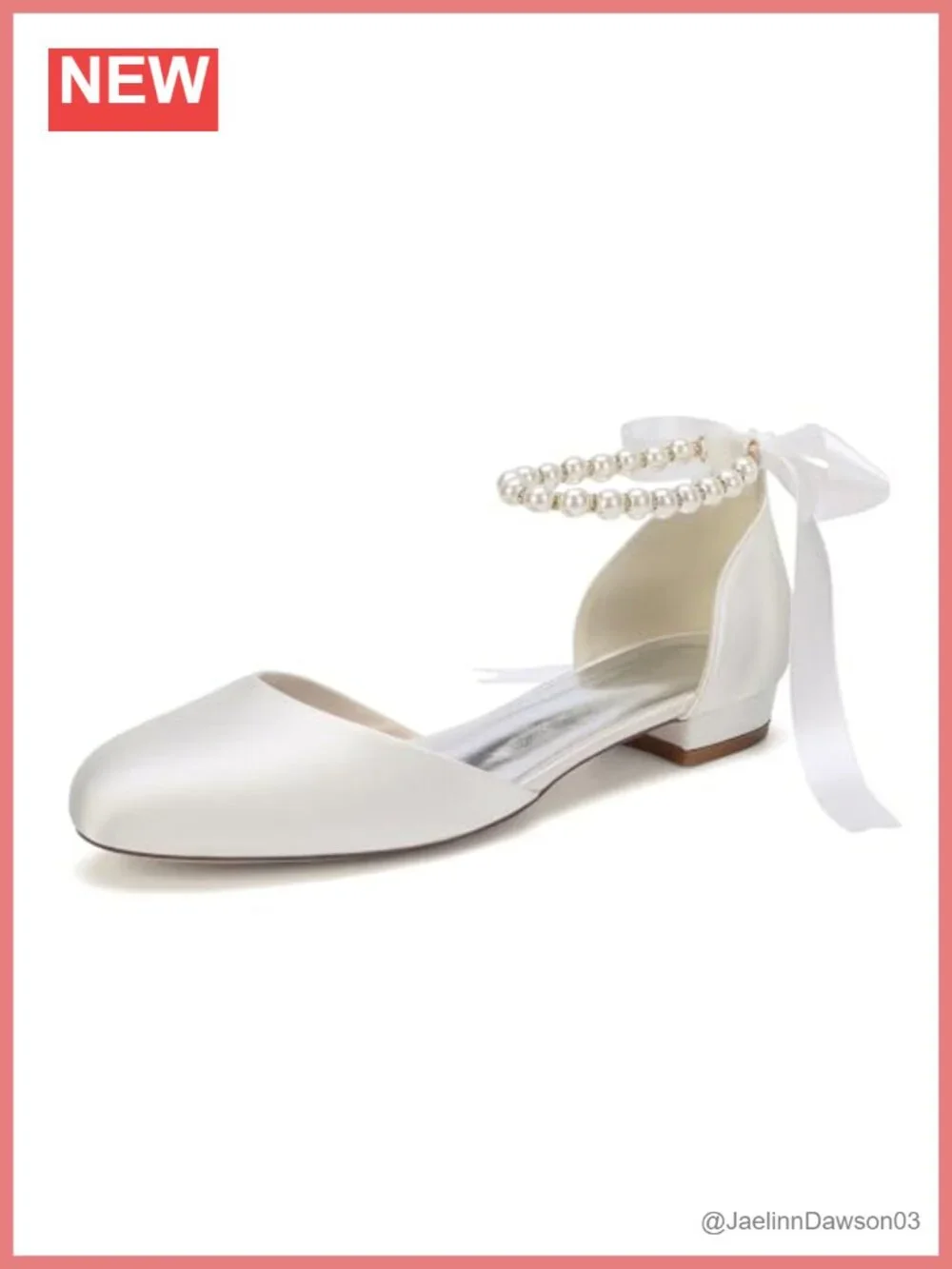 Satin Wedding Flats with Pearl Ankle Strap and Ribbon Tie, Low Heel Dress Shoes